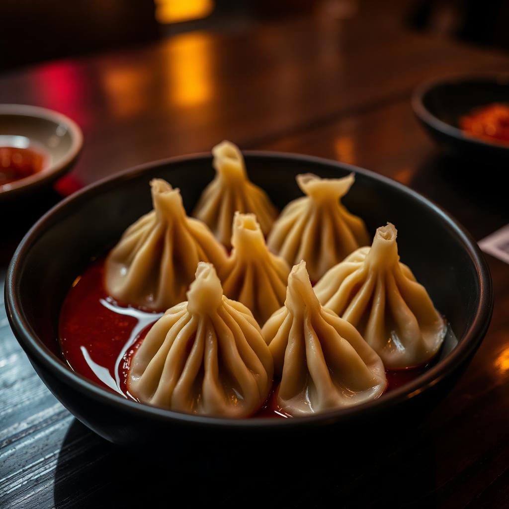 Momos nepaleses feitos à mão com molho de malagueta
